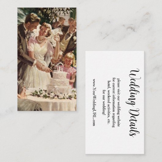 ヴィンテージの結婚式の新郎新婦ケーキを切る エンクロージャーカード (正面/裏面)