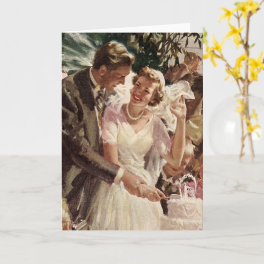 ヴィンテージの結婚式の新郎新婦ケーキを切る カード (黄色い花)