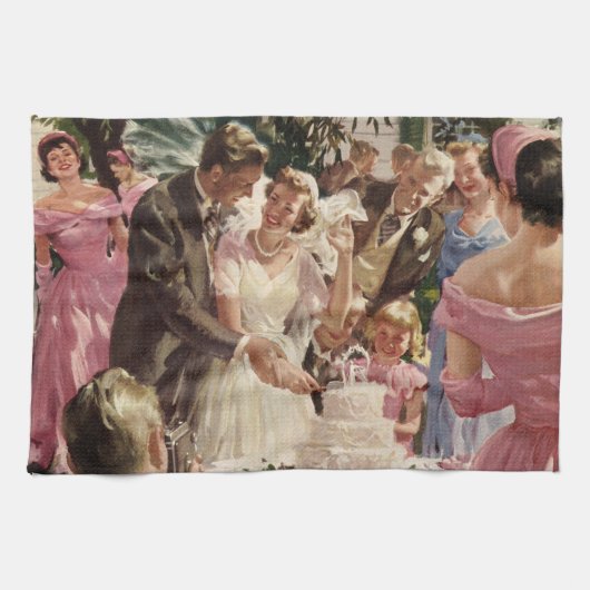 ヴィンテージの結婚式の新郎新婦ケーキを切る キッチンタオル (横)