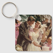 ヴィンテージの結婚式の新郎新婦ケーキを切る キーホルダー (正面)