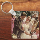 ヴィンテージの結婚式の新郎新婦ケーキを切る キーホルダー (正面)
