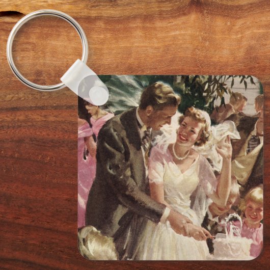 ヴィンテージの結婚式の新郎新婦ケーキを切る キーホルダー (正面)
