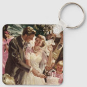 ヴィンテージの結婚式の新郎新婦ケーキを切る キーホルダー (裏面)