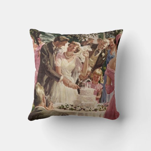 ヴィンテージの結婚式の新郎新婦ケーキを切る クッション (裏面)