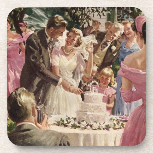 ヴィンテージの結婚式の新郎新婦ケーキを切る コースター (正面)