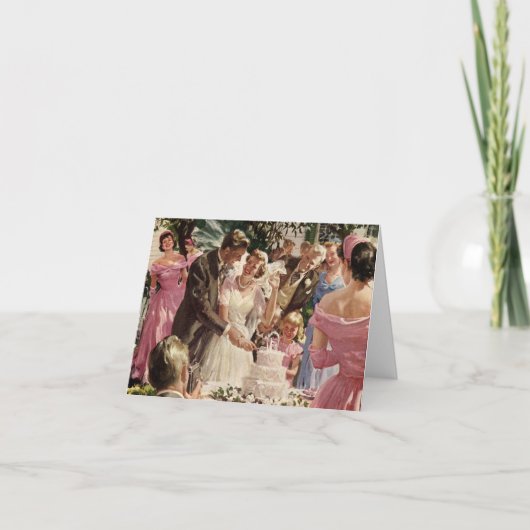 ヴィンテージの結婚式の新郎新婦ケーキを切る サンキューカード (正面)