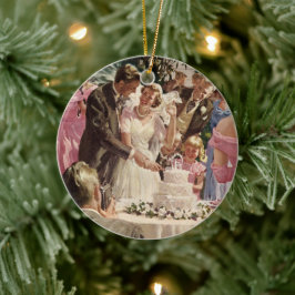 ヴィンテージの結婚式の新郎新婦ケーキを切る セラミックオーナメント