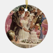 ヴィンテージの結婚式の新郎新婦ケーキを切る セラミックオーナメント (正面)