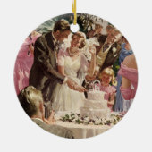 ヴィンテージの結婚式の新郎新婦ケーキを切る セラミックオーナメント (裏面)