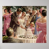 ヴィンテージの結婚式の新郎新婦ケーキを切る ポスター (正面)