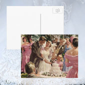 ヴィンテージの結婚式の新郎新婦ケーキを切る ポストカード