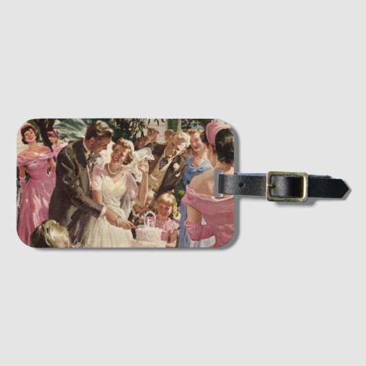 ヴィンテージの結婚式の新郎新婦ケーキを切る ラゲッジタグ (正面横)