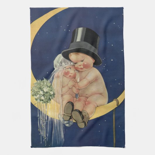 ヴィンテージの結婚式、かわいい新郎新婦の月 キッチンタオル (縦)