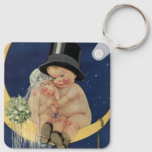 ヴィンテージの結婚式、かわいい新郎新婦の月 キーホルダー (裏面)