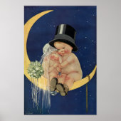 ヴィンテージの結婚式、かわいい新郎新婦の月 ポスター (正面)