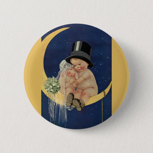ヴィンテージの結婚式、かわいい新郎新婦の月 缶バッジ (正面)