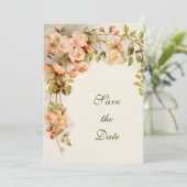 ヴィンテージの結婚式、ピンクのバラの花、日付を保存 セーブザデート (スタンド正面)