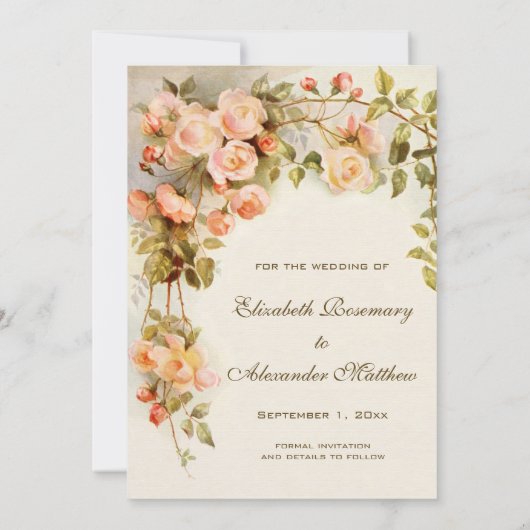 ヴィンテージの結婚式、ピンクのバラの花、日付を保存 セーブザデート (裏面)