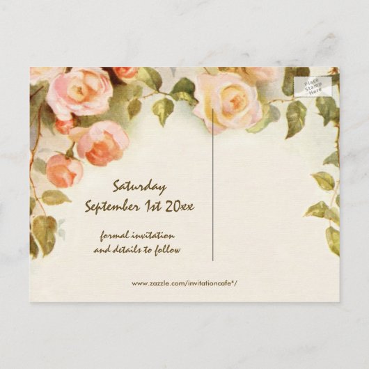ヴィンテージの結婚式、ピンクのバラの花、日付を保存 案内ポストカード (裏面)