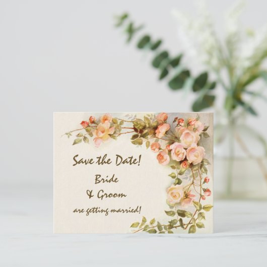 ヴィンテージの結婚式、ピンクのバラの花、日付を保存 案内ポストカード (スタンド正面)