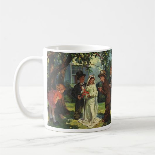 ヴィンテージの結婚式、子供たちが花嫁と花婿を装う コーヒーマグカップ (左)