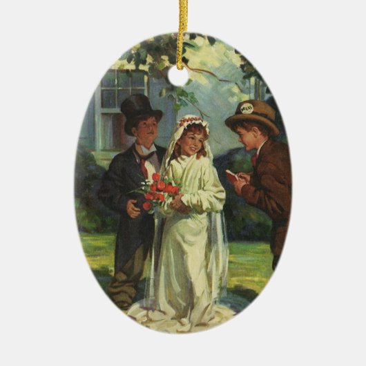 ヴィンテージの結婚式、子供たちが花嫁と花婿を装う セラミックオーナメント (正面)