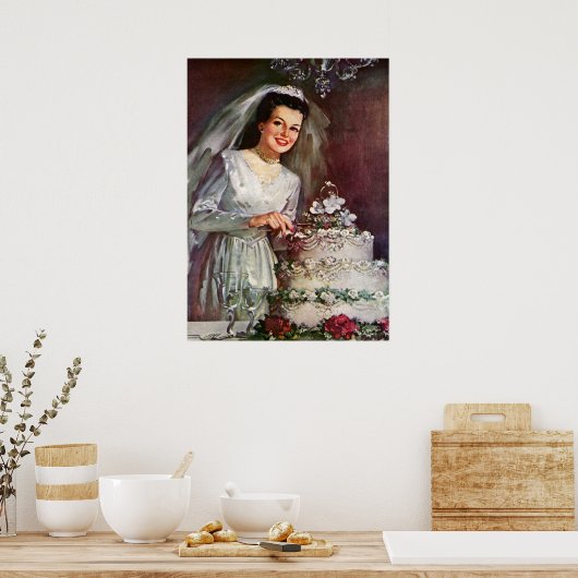 ヴィンテージの結婚式、花嫁がケーキ結婚を切り取る ポスター (キッチン)