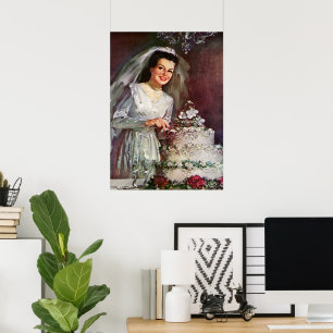 ヴィンテージの結婚式、花嫁がケーキ結婚を切り取る ポスター
