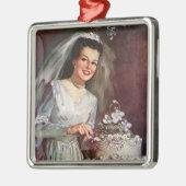 ヴィンテージの結婚式、花嫁がケーキ結婚を切り取る メタルオーナメント (左)