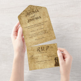 ヴィンテージの結婚素朴な茶色の新郎新婦 オールインワン招待状