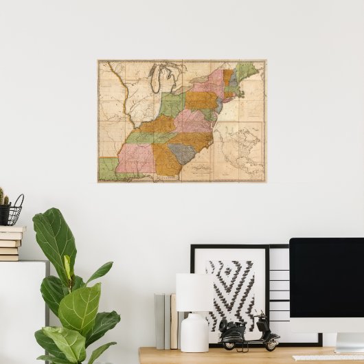 ヴィンテージの統一された州路線地図(1804) ポスター (ホームオフィス)