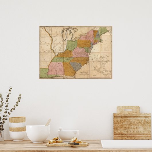 ヴィンテージの統一された州路線地図(1804) ポスター (キッチン)