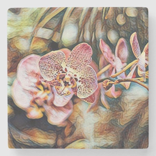 ヴィンテージの絵画水色のピンクの蘭の花 ストーンコースター (正面)