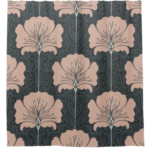 ヴィンテージの継ぎ目のないピンクの花模様。アート番号 シャワーカーテン (正面)