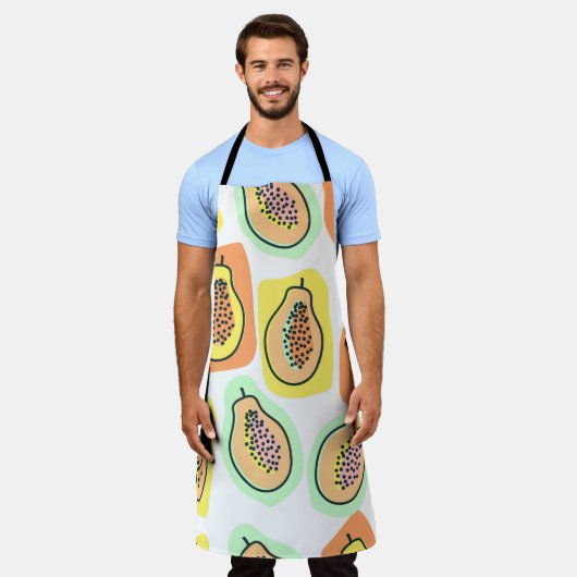 ヴィンテージの継ぎ目のない柄の手描きパパイヤの実。 エプロン (着用した状態)