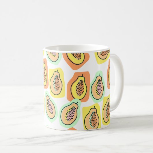 ヴィンテージの継ぎ目のない柄の手描きパパイヤの実。 コーヒーマグカップ (正面右)