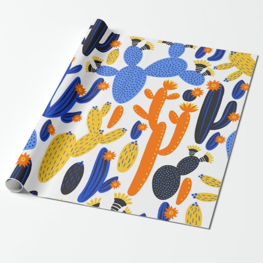 ヴィンテージの継ぎ目のない模様で、黒とカクテンの上にサボテンが付いている  ラッピングペーパー (アンロールド)