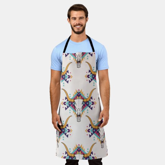 ヴィンテージの継ぎ目のない模様とブルスカルan エプロン (着用した状態)