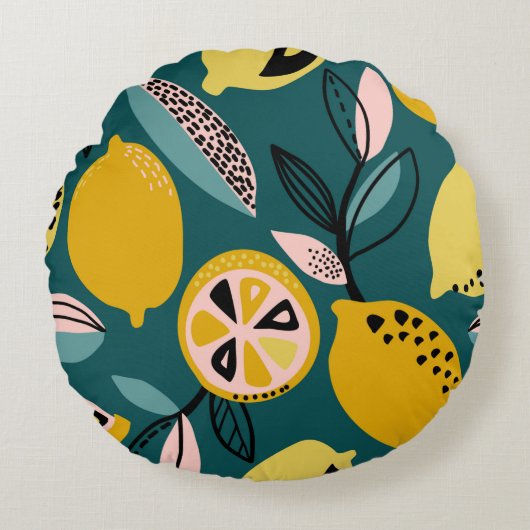 ヴィンテージの継ぎ目のない模様（黄レモン、枝） ラウンドクッション (正面)
