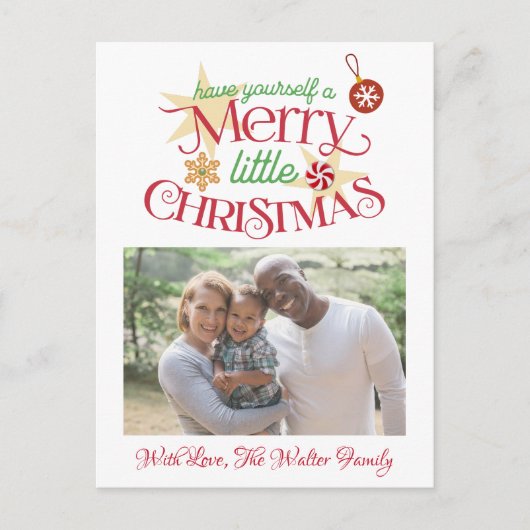 ヴィンテージの緑と赤のクリスマス家族の写真 ポストカード (正面)