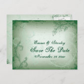 ヴィンテージの緑のスクロールリーフ日付を保存 案内ポストカード (正面/裏面)