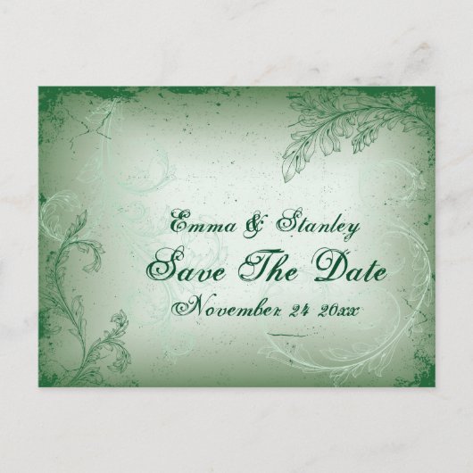 ヴィンテージの緑のスクロールリーフ日付を保存 案内ポストカード (正面)