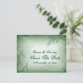 ヴィンテージの緑のスクロールリーフ日付を保存 案内ポストカード (スタンド正面)