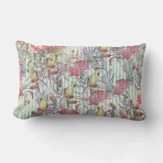 ヴィンテージの緑のピンクのグランジでストライプな鳥の花柄 ランバークッション (正面)
