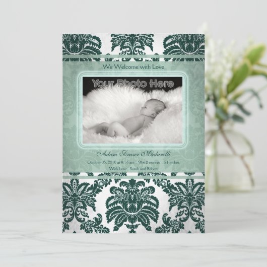 ヴィンテージの緑のベビーの写真の発表 案内状 (スタンド正面)