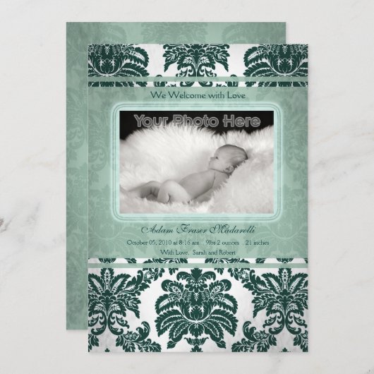ヴィンテージの緑のベビーの写真の発表 案内状 (正面/裏面)