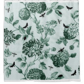 ヴィンテージの緑の植物及び虫の花柄Toile シャワーカーテン (正面)