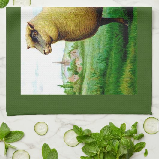 ヴィンテージの緑の牧草地絵画羊 キッチンタオル (折り畳み)