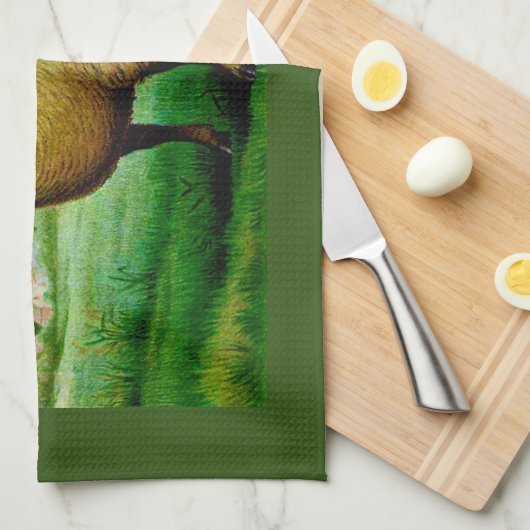 ヴィンテージの緑の牧草地絵画羊 キッチンタオル (四つ折り)