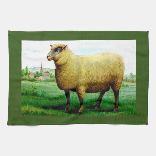 ヴィンテージの緑の牧草地絵画羊 キッチンタオル (横)